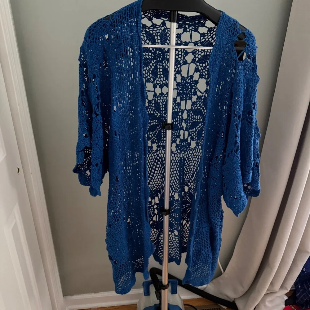 Blue Crochet Open Knit Cardigan Duster Boho Festival Beach Cover Up - Picture 1 of 2